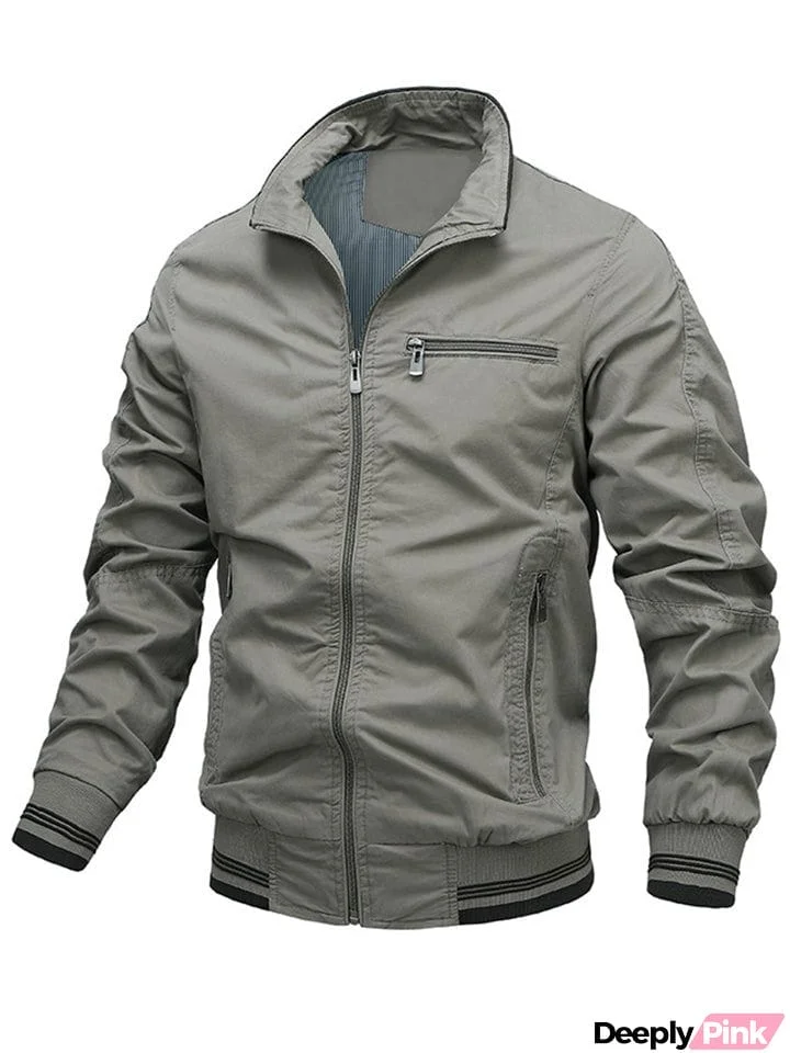 Men's Pure Cotton Stand Collar Anti-Theft Zipper Pocket Casual Jacket