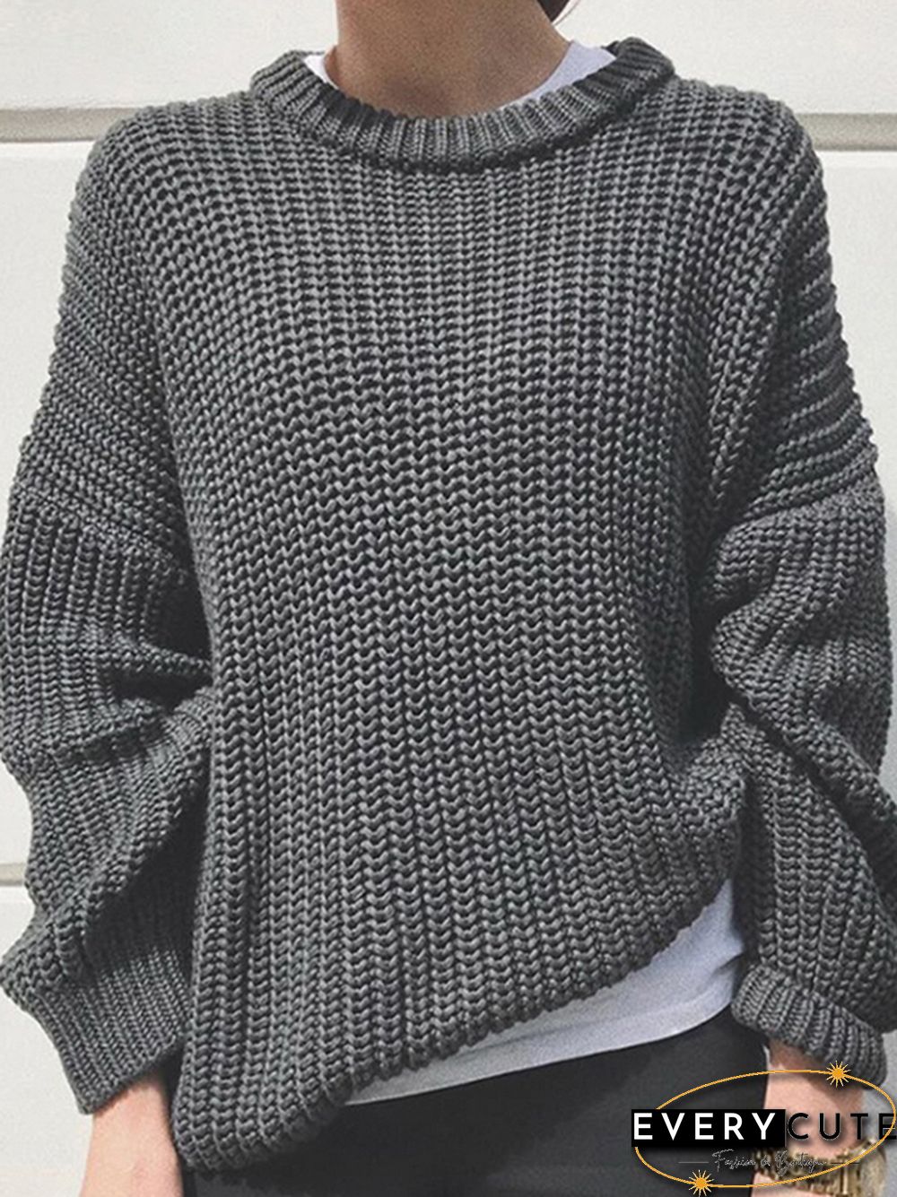 Solid Crew Neck Knit Sweater