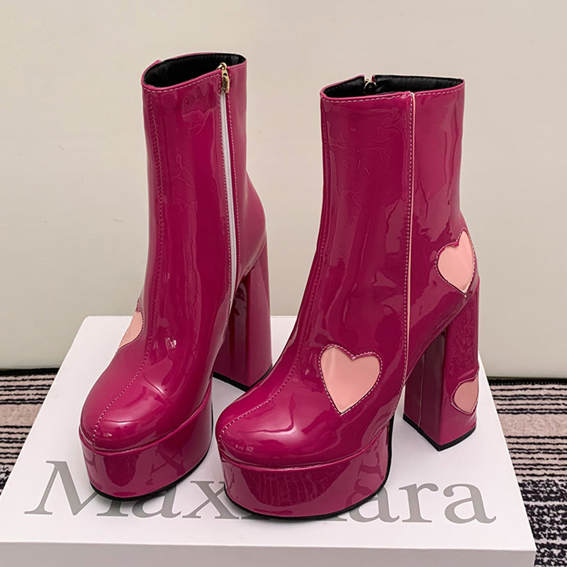 140mm Square Toe Chunky High Heels Platform Heart Embedded Pattern Patent Boots-MERUMOTE