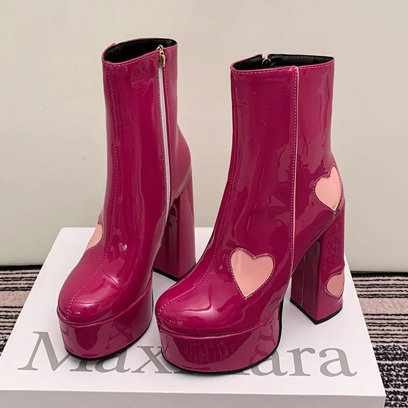 140mm Square Toe Chunky High Heels Platform Heart Embedded Pattern Patent Boots-MERUMOTE
