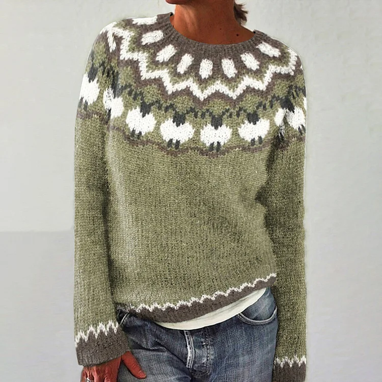 VChics Vintage Animal Sheep Contrast Jacquard Crew Neck Sweater