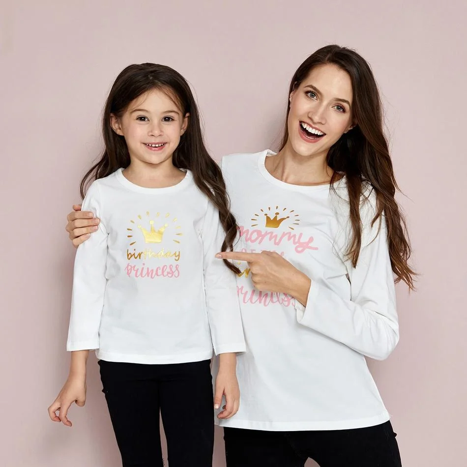 Mommy and Me Round Collar Stars White Long Sleeve Matching Tops
