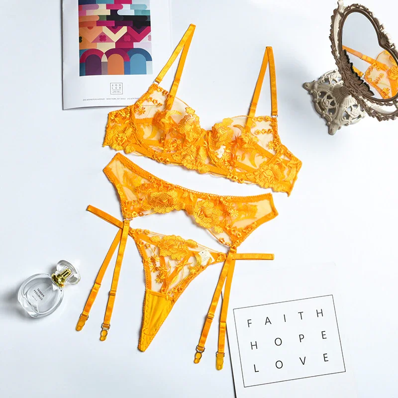 Billionm Bra and Panty Set Women Underwear Lace Lingerie 3pcs Open Cup See Through Thong Floral Embroidery Underwear Transparent Bra Set