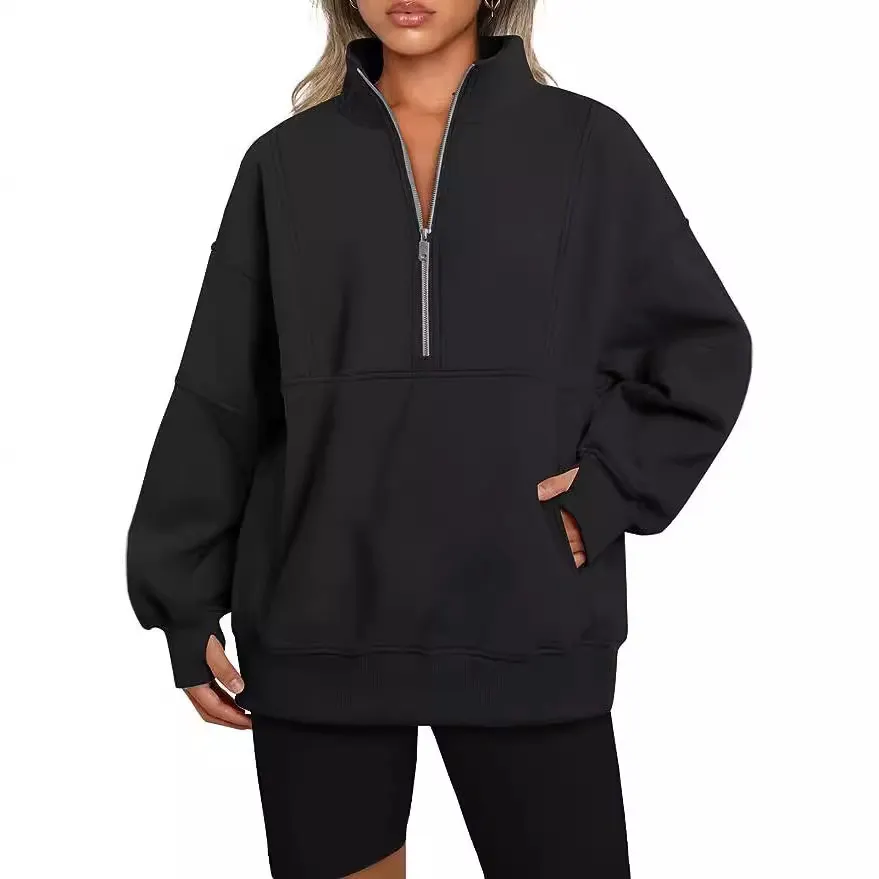 Nigikala Nigikala Women's Pocket Half-Zip Loose Leisure Splicing Collar Plus Velvet