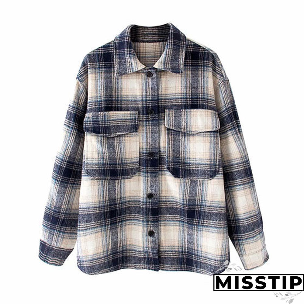 Classic Thick Colorblock Checked Button Down Shirt Jacket Woolen