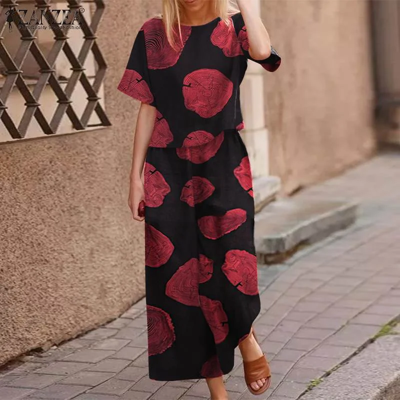 2022 Summer Floral Wide Leg Tracksuits Female Women Casual Cotton Matching Sets ZANZEA Bohemian Printed Short Sleeve Pant Sets