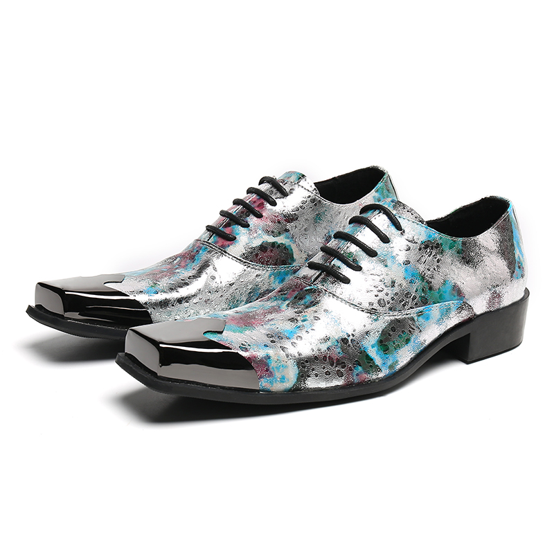 VCSHOES Zapatos Metal Square Toe Pattern Night Club Man Shoes Real Leather Brogues Plus Size Formal Party Men Oxfords Shoes