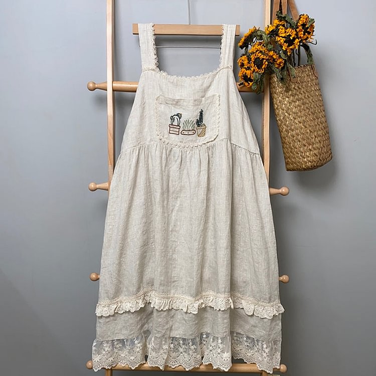 Queenfunky cottagecore style Cute Linen Embroidered Overall Dress QueenFunky