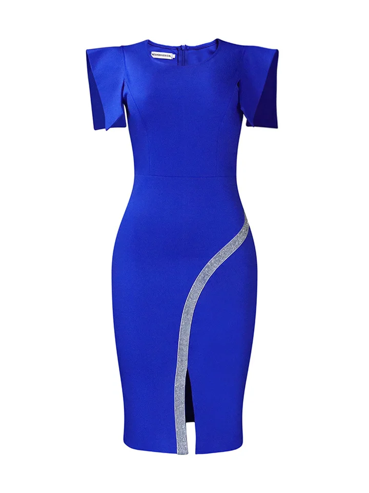 Solid Color Round Neck Women's New Short-sleeved Package Hip Tight Temperament Tongle Open Bright Edge Zipper Dresses-Cosfine