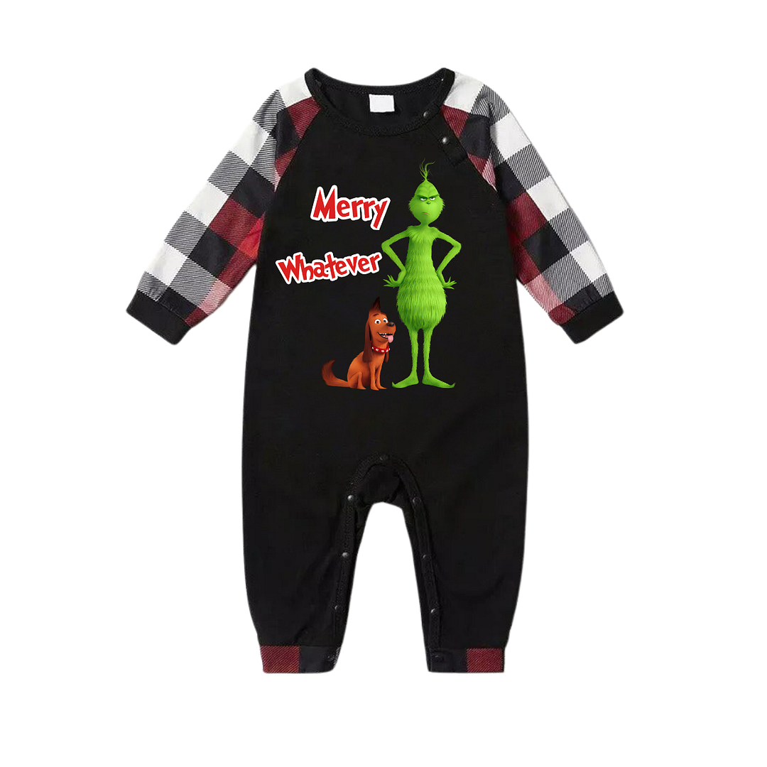 'Merry Whatever' Red Text With Green Cartoon Characters and Dog Pattern Contrast Black Top Red&Black&White Plaid Pants Family Matching Pajamas