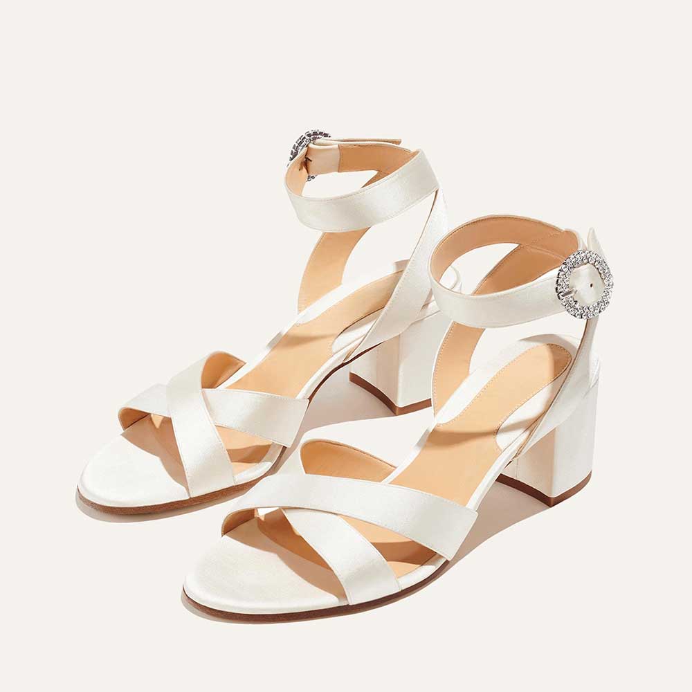 White Satin Round Toe Chunky Heel Buckled Ankle Strap Sandals Nicepairs