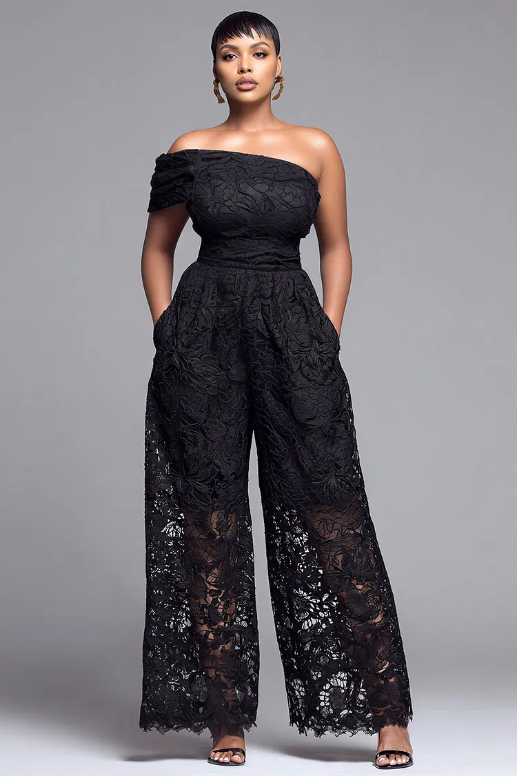 Xpluswear Design Plus Size Cocktail Party Black One Shoulder Pocket See Through Guipure Lace Jumpsuits [Pre-Order] 2024 - Xpluswear