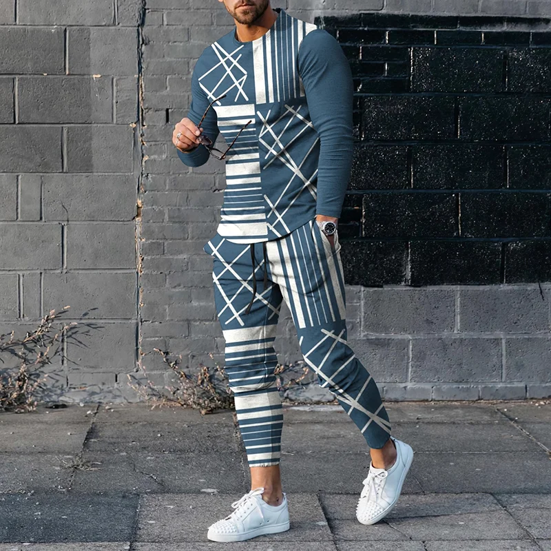 Men's Geometric Lines Casual Long Sleeve T-Shirt And Pants Co-Ord