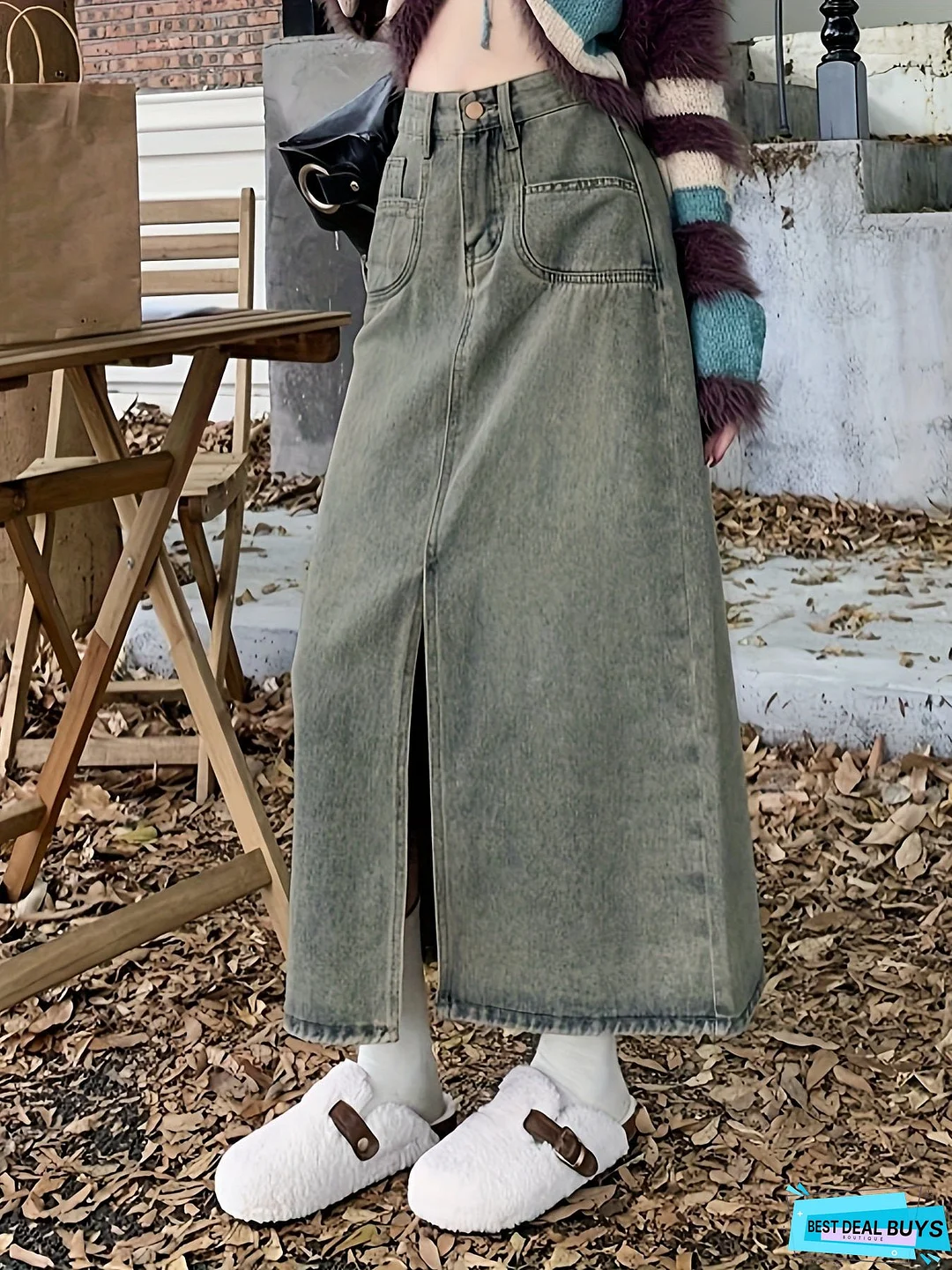 Split Hem Vintage Washed Maxi Denim Skirt, High Rise Versatile Denim Skirt, Women's Denim Jeans & Clothing