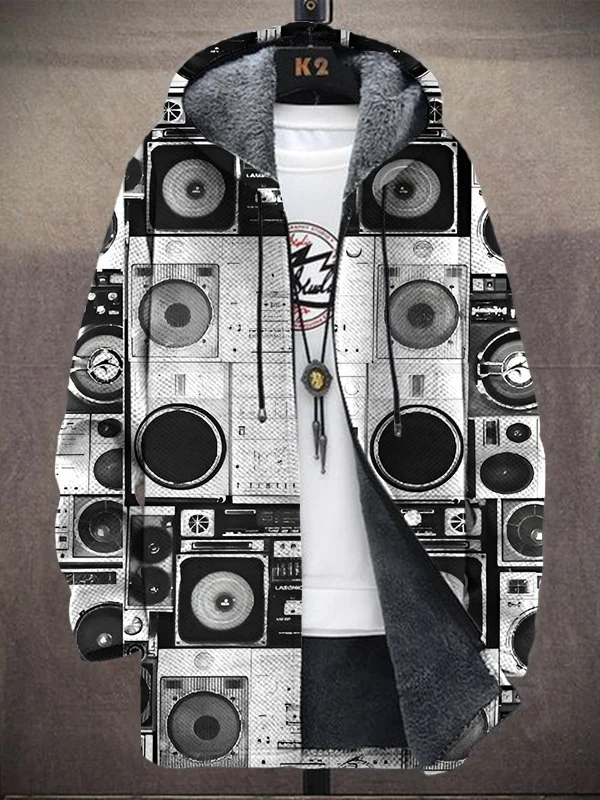 Men's Vintage Music Speaker Print Hooded Trench Coat