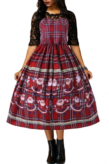 Half Sleeve Lace Patchwork Santa Plaid Christmas Skater Dress Purple-elleschic