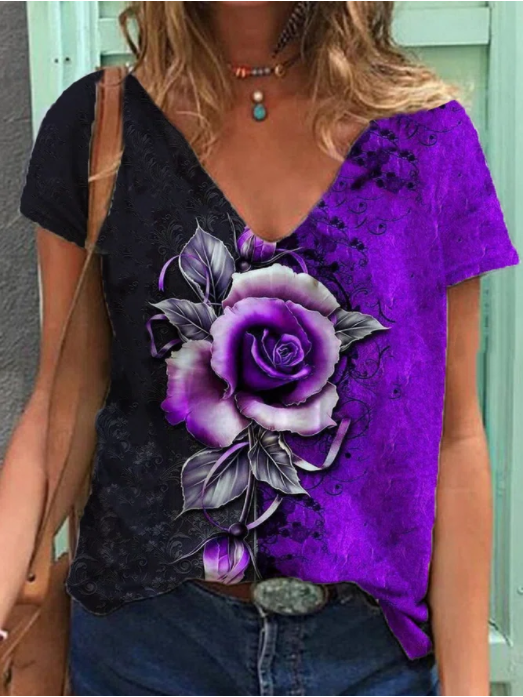 Women Short Sleeve V-neck Floral Printed Top Blouse