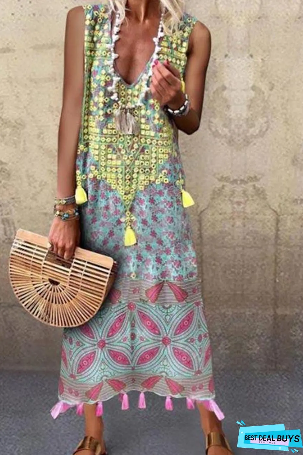 Bohemian Floral Print Sleeveless Tassel Holiday Maxi Dress