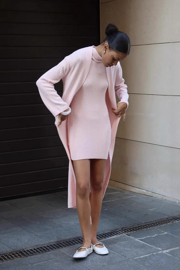 Knit Tank Dress Fitted Long Cardigan Two Piece Set