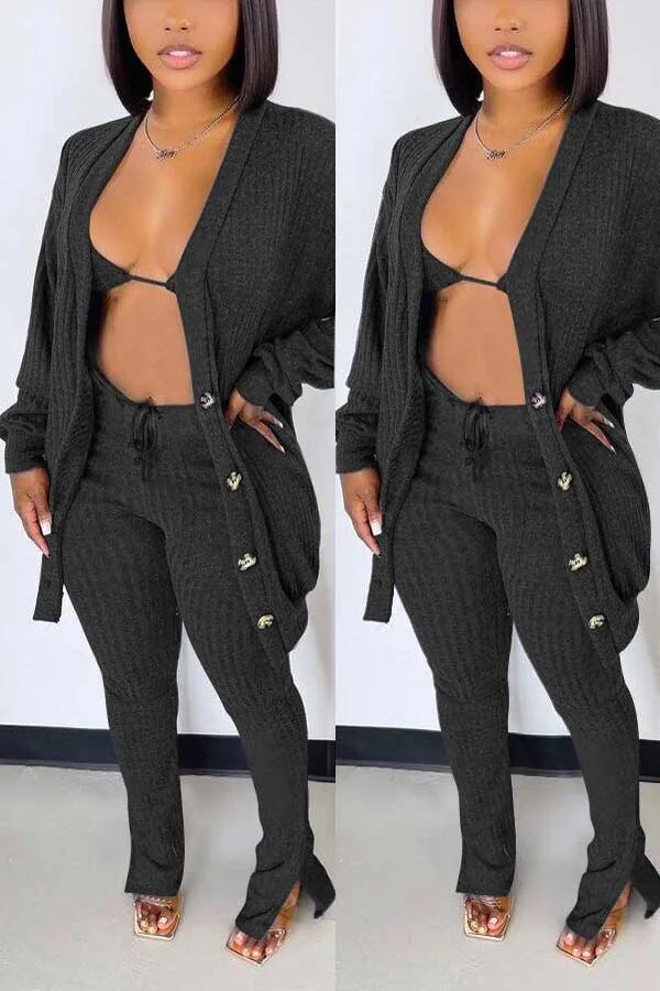 Sexy Solid Knitted Cardigans Bra Pants Set