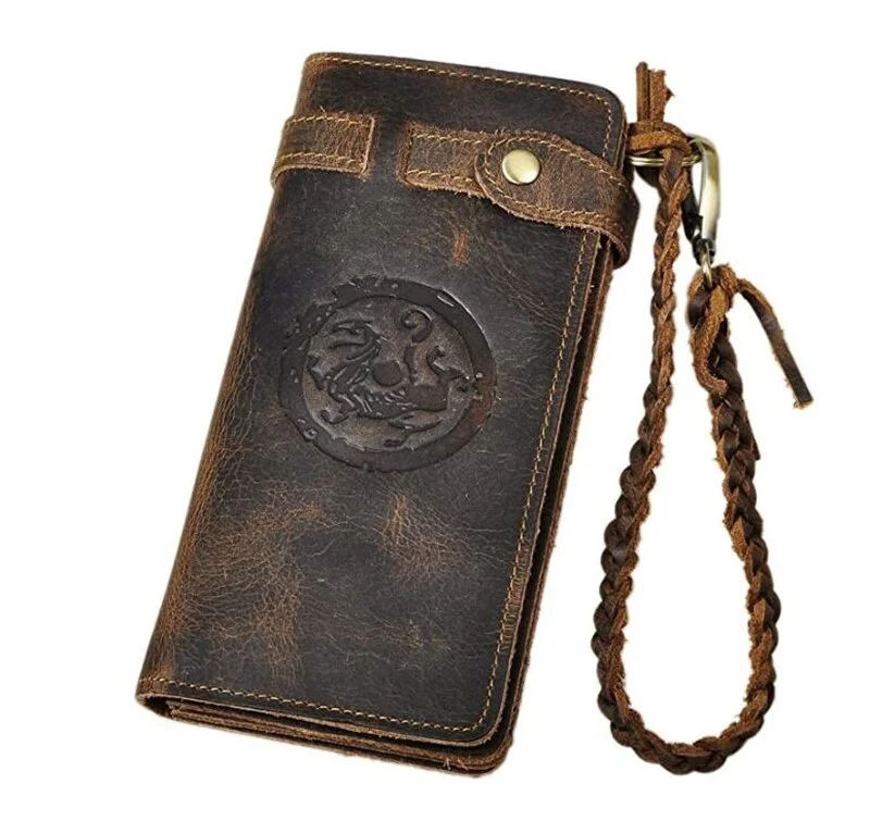 Mongw Male Organizal Crazy Horse Real leather Design Checkbook Chain Wallet Purse Clutch Handbag For Men 3377