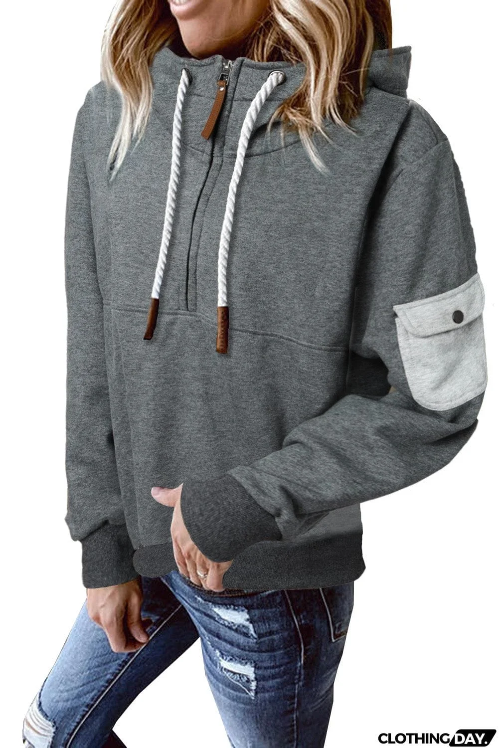 Half Zip Colorblock Pocket Patchwork Long Sleeve Hoodie