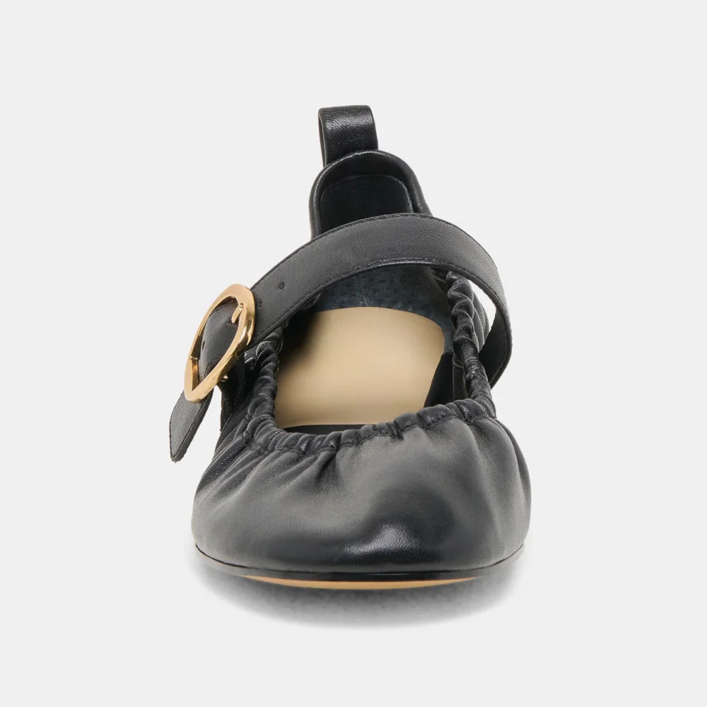Women's Black Round Toe Flat Buckle Strap Ruched Mary Jane Shoes