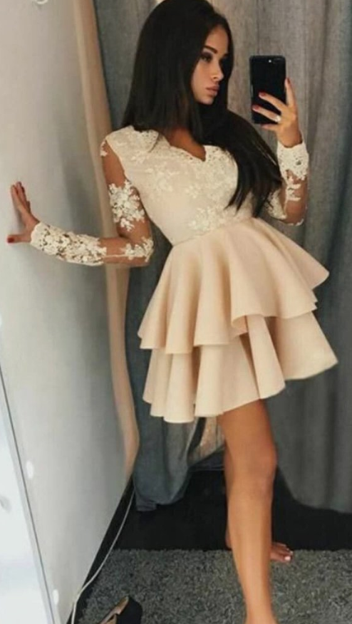 Champagne A-line Long Sleeve Homecoming Dress Short Prom Dresses Juniors Homecoming Dresses