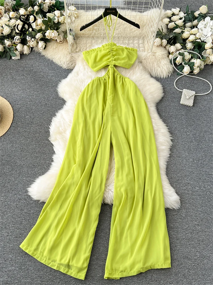 Huibahe Halter Hollow Out Beach Long Jumpsuits 2024 Sleeveless Slim Chic Streetwear Bohemian Casual Backless Sexy Rompers