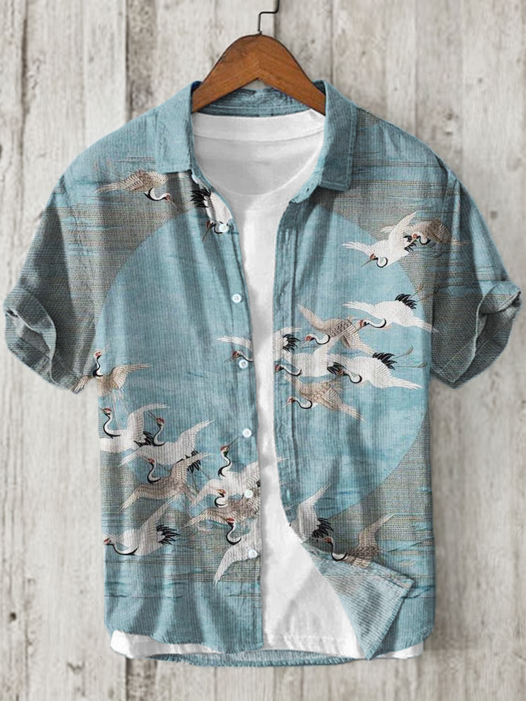 menweary Flying Cranes in Sky Japanese Art Linen Blend Shirt
