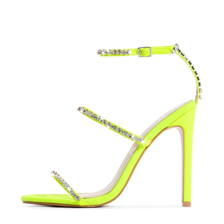 Neon Yellow Rhinestone Tri Straps Stiletto Heel Ankle Strap Sandals |FSJ Shoes