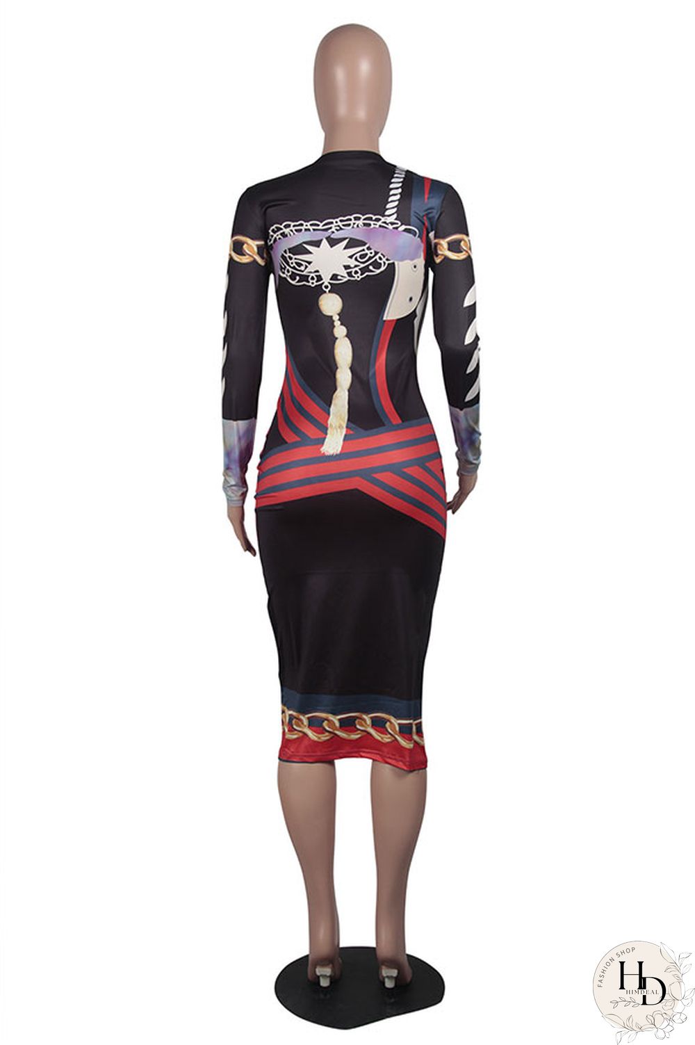 As Show Fashion Long Sleeves O neck Slim Dress Mid-Calf Print Print Dresses