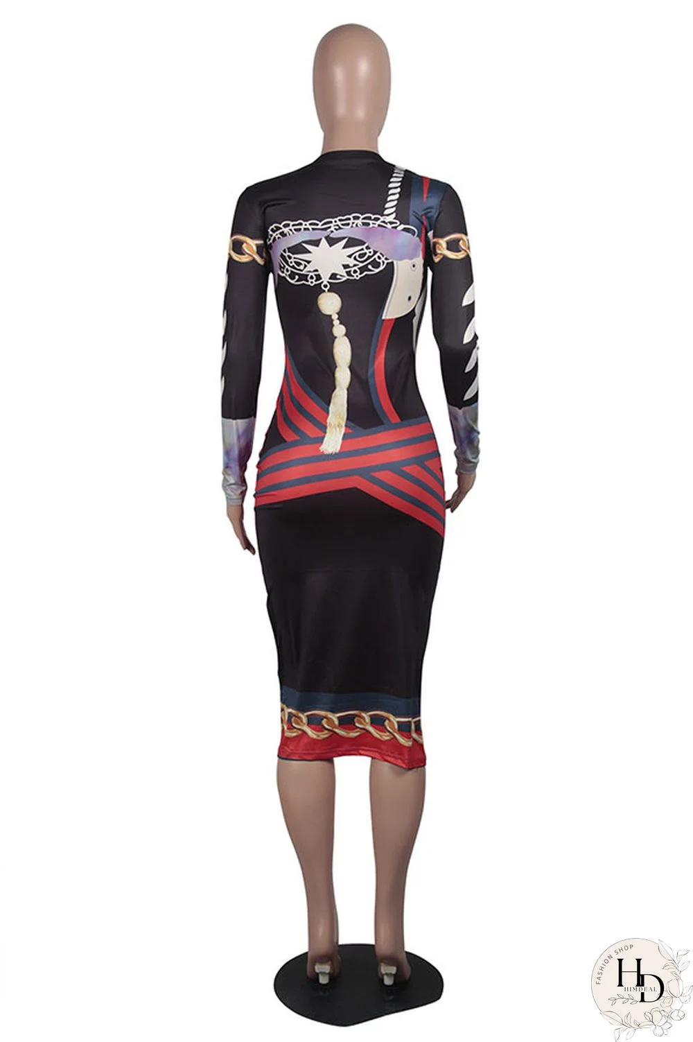As Show Fashion Long Sleeves O neck Slim Dress Mid-Calf Print Print Dresses
