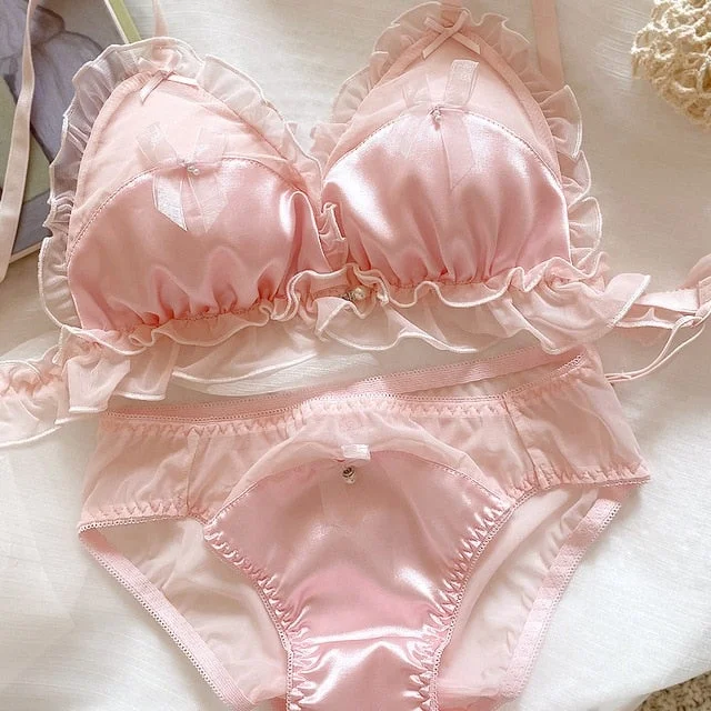 Pink Satin Ruffle Bows Kawaii Nymphet Lingerie Set Novameme