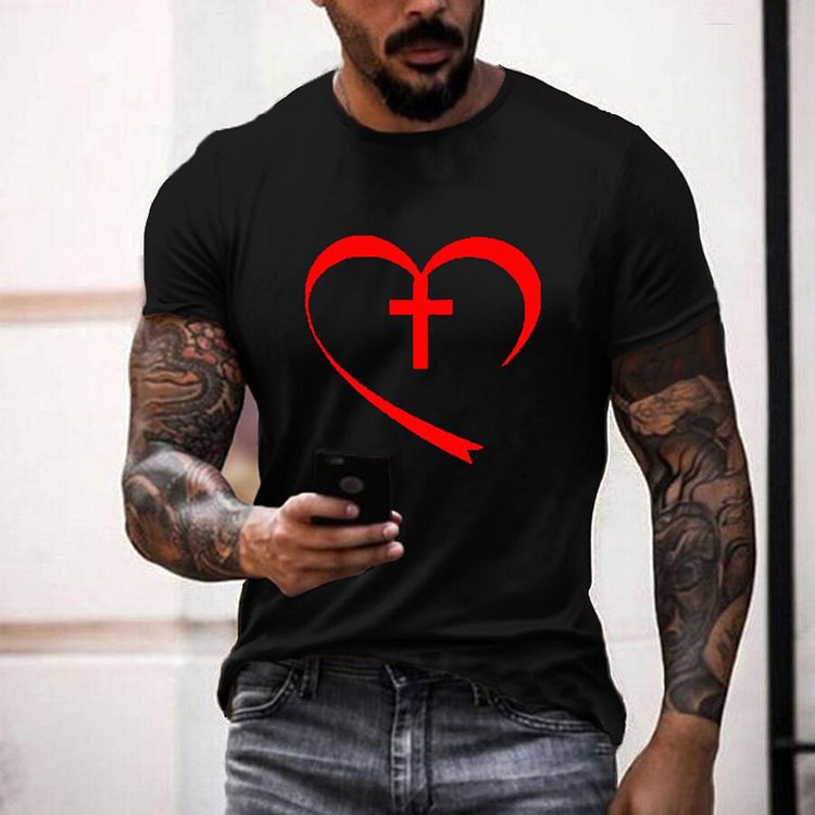 Heart Cross Printed Streetwear Tops Summer Short Sleeve Men's T-Shirts Black