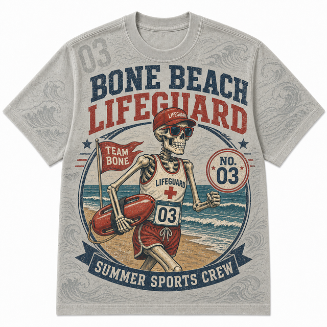 Surf Lifeguard Bone Cotton T-Shirt - Grey / Red / Blue
