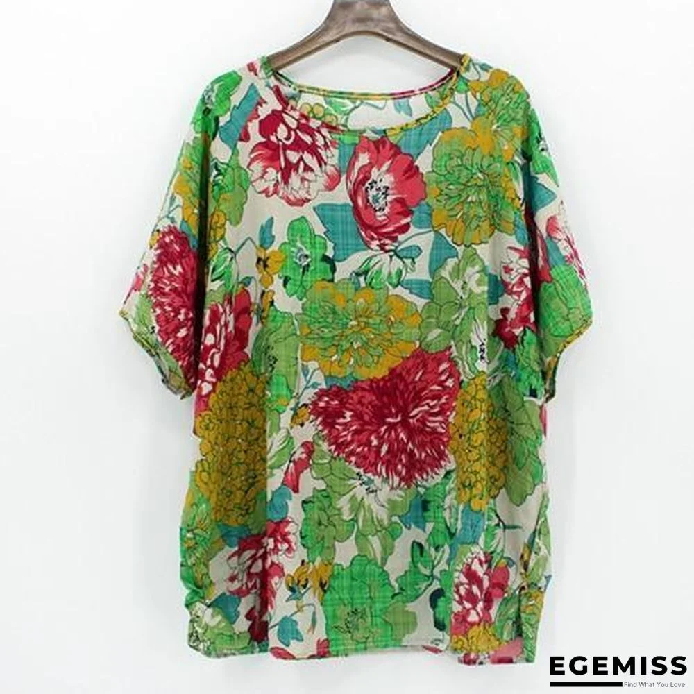 4XL Plus Size Women Batwing Casual Tops Tees Floral Print Cotton Linen Blouses | EGEMISS