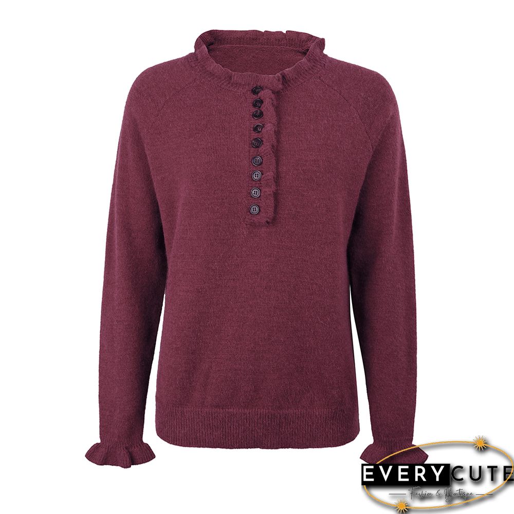 Wine Red Ruffle Detail Crew Neck Long Sleeve Knitted Sweater