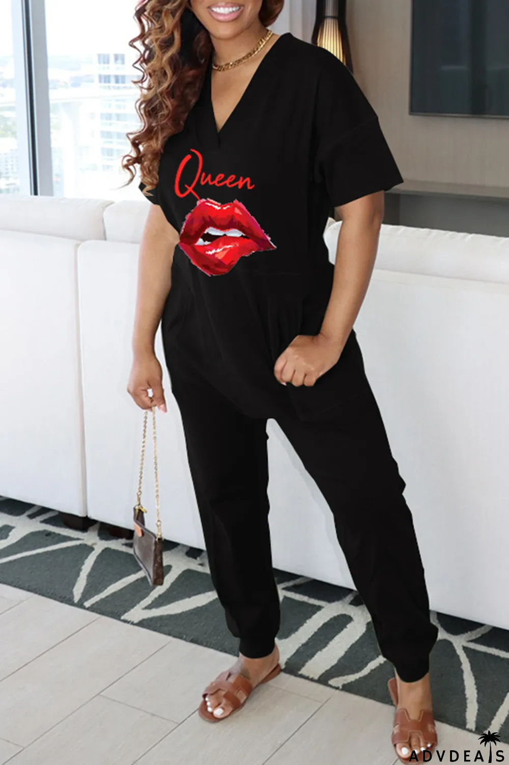 Green Fashion Casual Print Basic V Neck Regular Jumpsuits