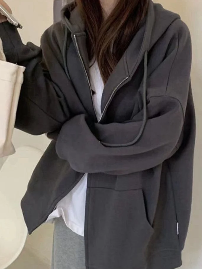 Brownm Color Hip Hop Oversized Zipper Hoodie