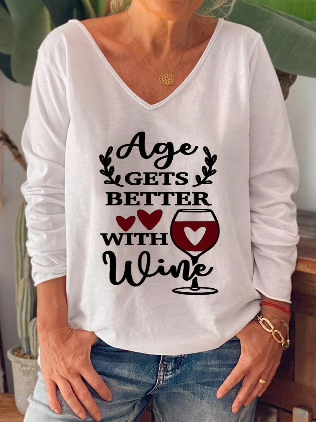 Age Gets Better With Wine Letters Printed Long Sleeve V Neck Casual Tunic Top