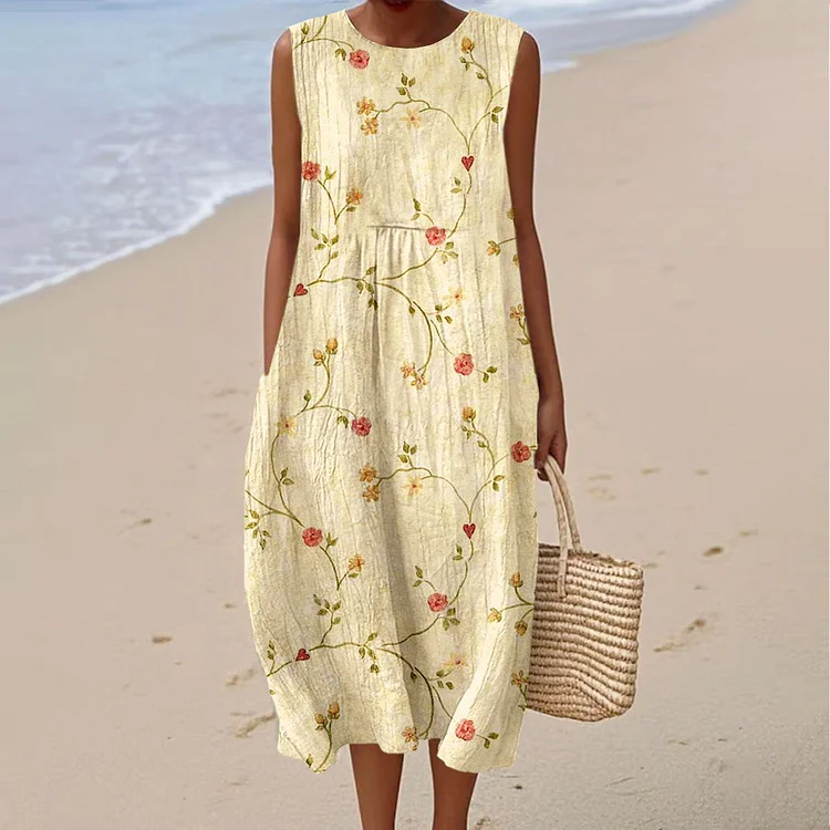 Women's Vintage Flower Art Print Sleeveless Cotton Pocket Wrap Dress