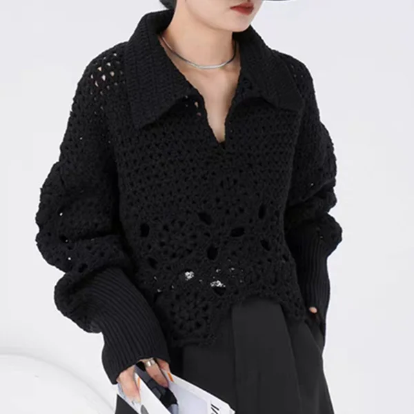 Vintage Solid Color Lapel Hollow Out Jacquard Lantern Sleeve Irregular Hem Knitted Sweater  
