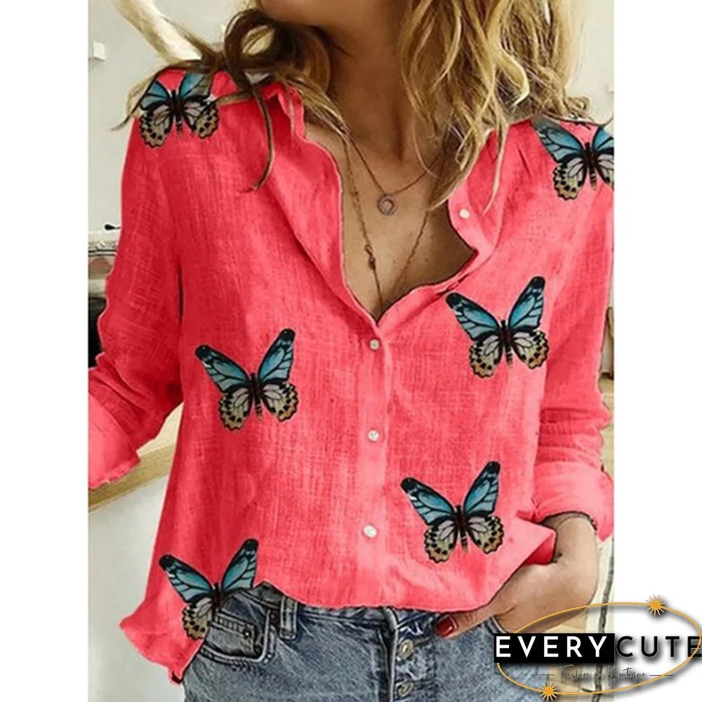 Ladies Slim Irregular Butterfly Print Ladies Shirt Turn Down Collar Cotton Linen Blouse Top