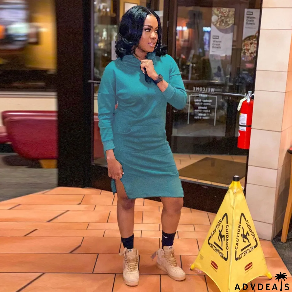 Womens Sexy Casual Solid Long Sleeve With Hood Slit Dress