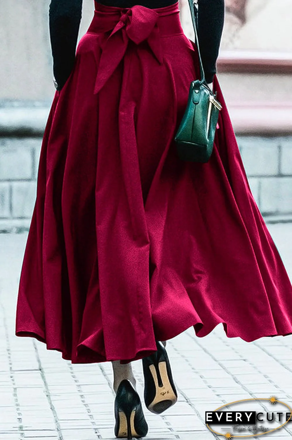 Bow Knot High Waist Long A-line Swing Skirt