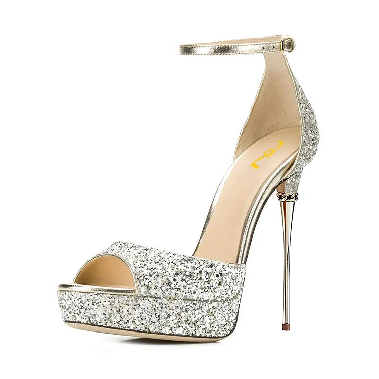 Silver Glitter Sparkling Heels Peep Toe Ankle Strap Platform Sandals |FSJ Shoes