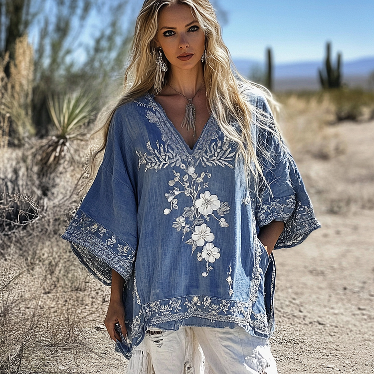 Utbros Vintage Bohemian Floral Embroidered Denim Shirt