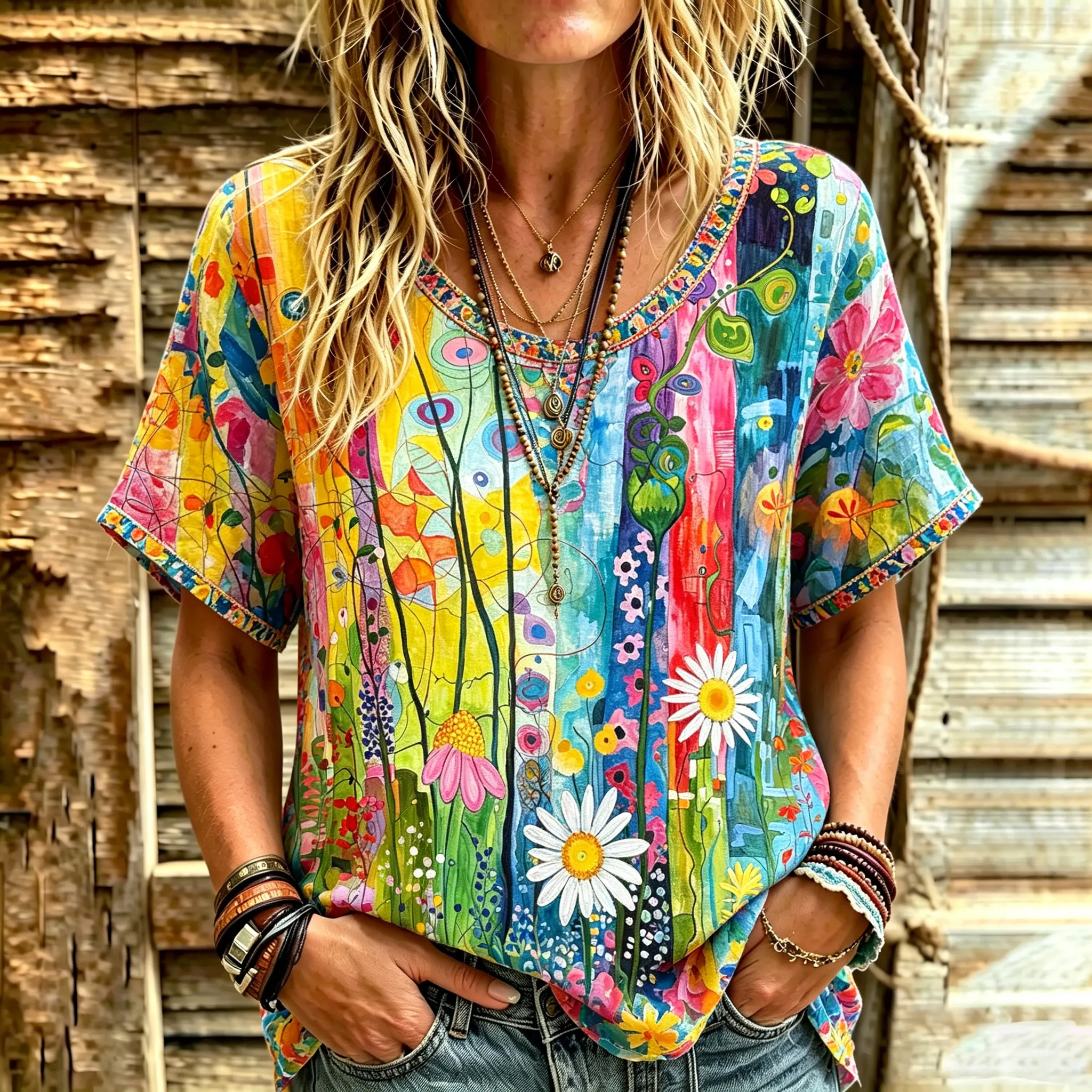 Women's Vintage Hippie Floral Graffiti Linen Blend Casual Tops elevenforest