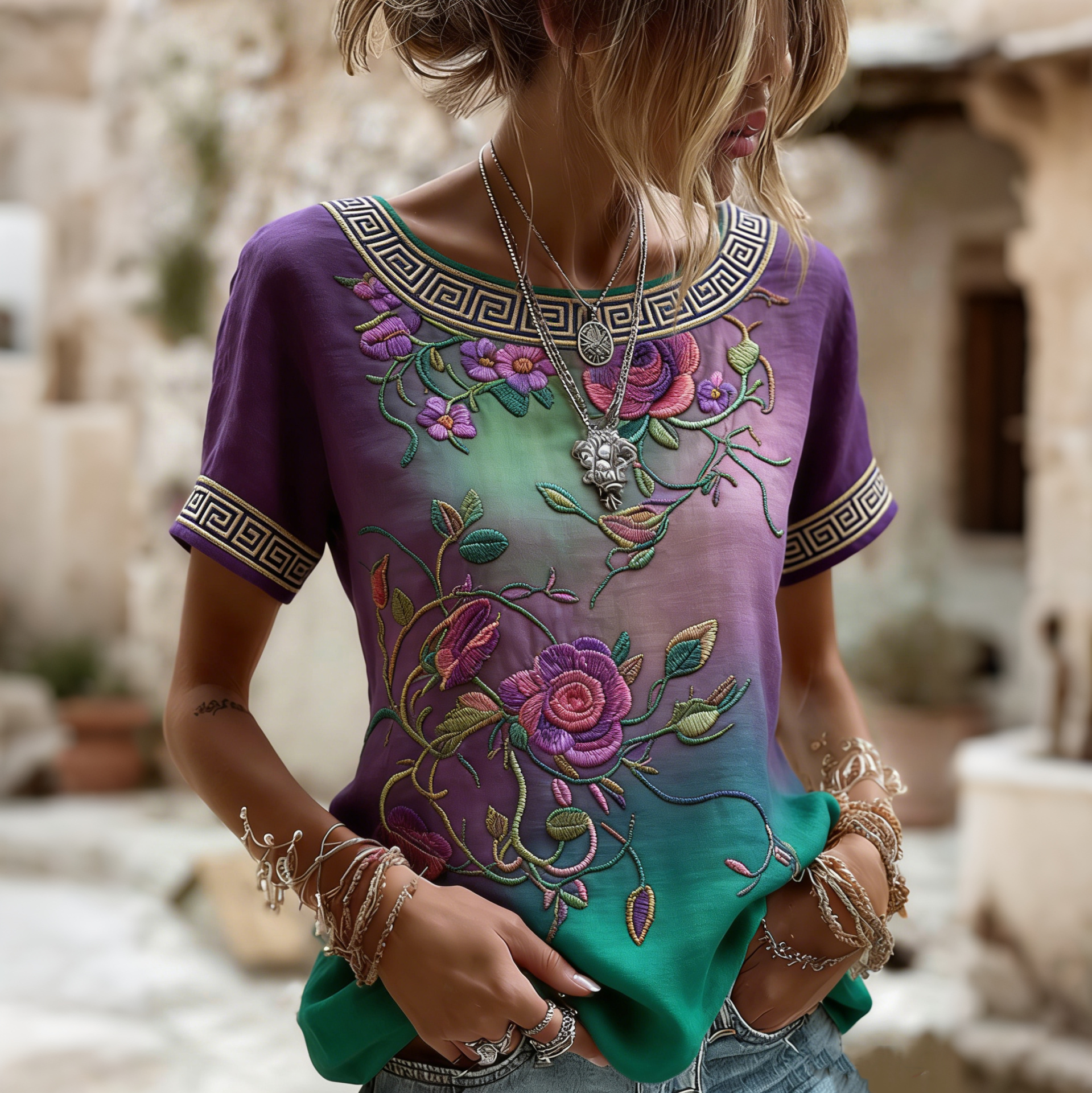 Women's Vintage Purple Floral Casual T-shirt elevenforest